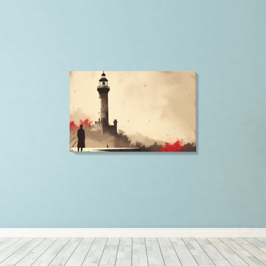 Minimalistisch vuurtorencanvas met rode accenten canvas afdruk (Insitu (Houten vloer))