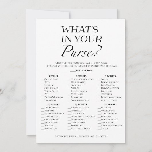 Minimalistisch wat er in je tas spel Kaart zit (Voorkant)