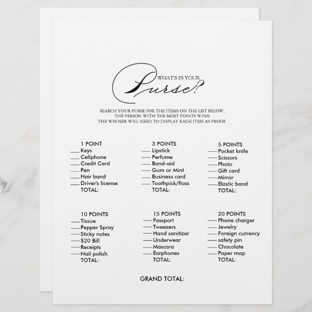 Minimalistisch wat er in uw Purse Vrijgezellenfees (Voorkant / Achterkant)