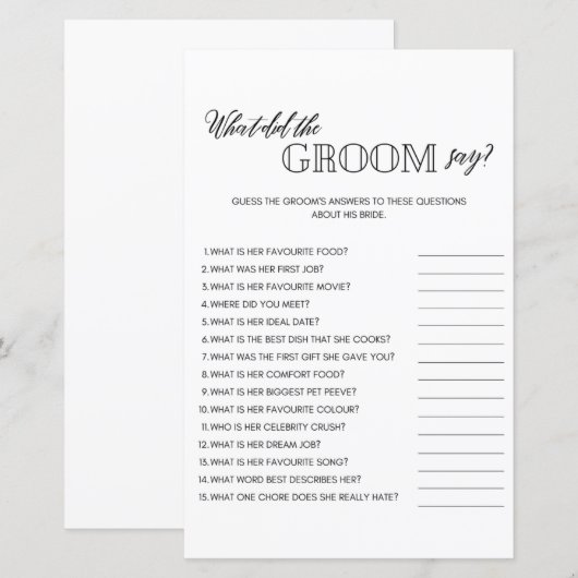 Minimalistisch wat groom vrijgezellenfeest game ze (Voorkant / Achterkant)