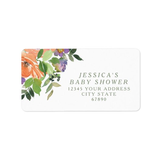 Minimalistisch Waterverf Oranje Floral Baby shower Etiket (Voorkant)