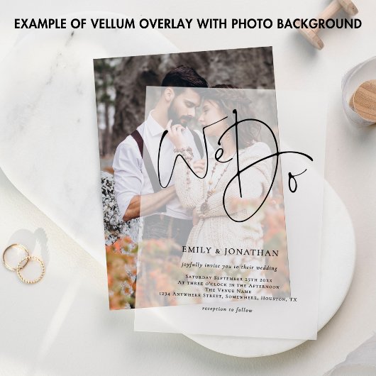 Minimalistisch We doen moderne script bruiloft Vellum Uitnodigingen