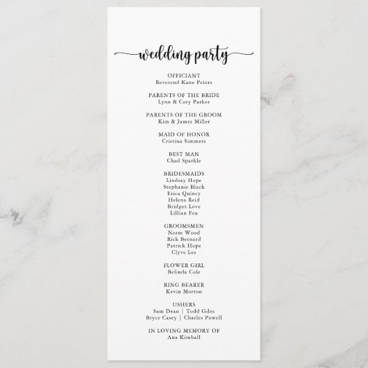 Minimalistisch weddenschap met kalligrafie programmakaart (Achterkant)