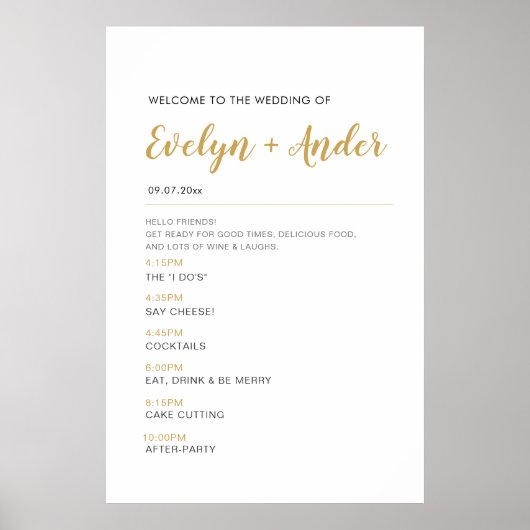 Minimalistisch welkomstprogramma voor bruiloft en  poster (Voorkant)