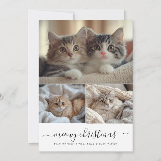 Minimalistisch Whimsy Script Meowy Kerstkattenfoto Feestdagenkaart (Voorkant)