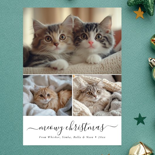 Minimalistisch Whimsy Script Meowy Kerstkattenfoto Feestdagenkaart