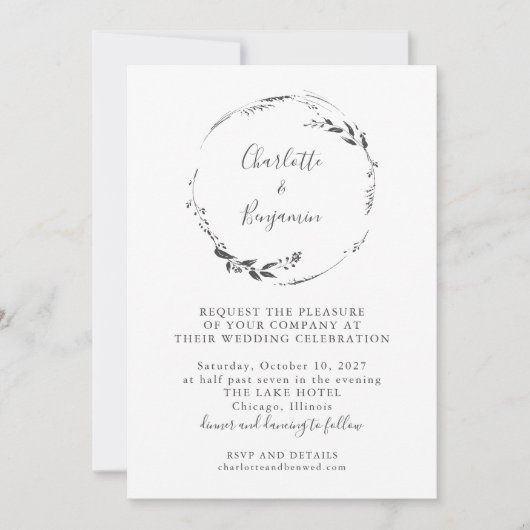 Minimalistisch White Floral Wreath Calligraphy Wed Kaart (Voorkant)