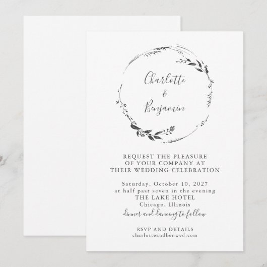 Minimalistisch White Floral Wreath Calligraphy Wed Kaart (Voorkant / Achterkant)