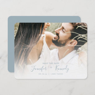 Minimalistisch White Overlay Dusty Blue Script & P Save The Date