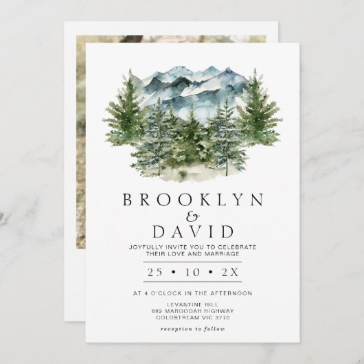 Minimalistisch Wildern Forest Mountain Wedding Kaart (Voorkant / Achterkant)