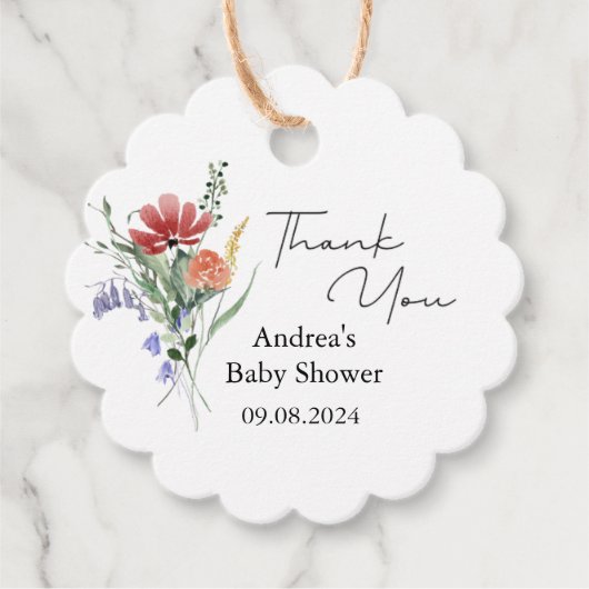 Minimalistisch Wildflower Donkerroze Baby shower Bedankjes Labels (Voorkant)