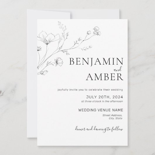 Minimalistisch Wildflower Lineart Drawing Boho Wed Kaart (Voorkant)
