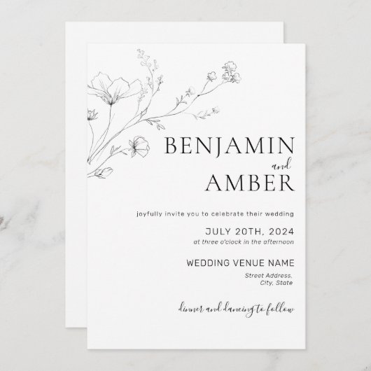 Minimalistisch Wildflower Lineart Drawing Boho Wed Kaart (Voorkant / Achterkant)
