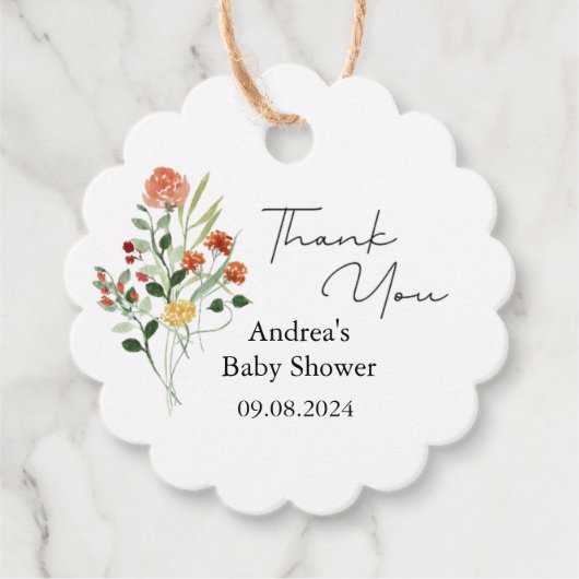 Minimalistisch Wildflower Perzik Baby shower Bedankjes Labels (Voorkant)