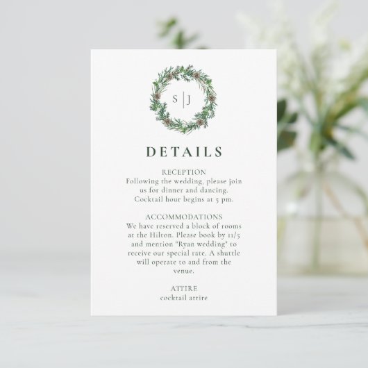 Minimalistisch wintermonogram Wreath Wedding Informatiekaartje (Staand voorkant)