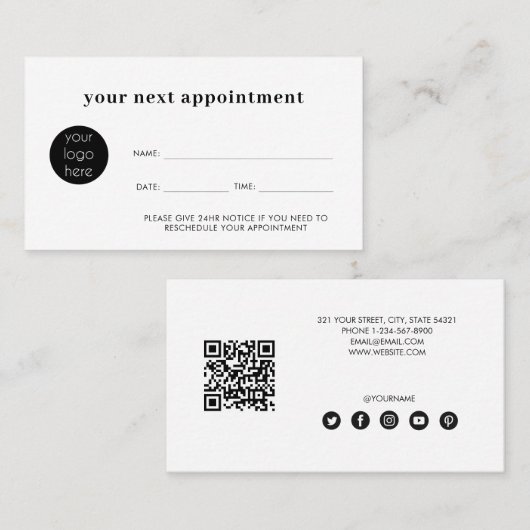 Minimalistisch wit bedrijf Next Appointment Card Visitekaartje (Voorkant / Achterkant)