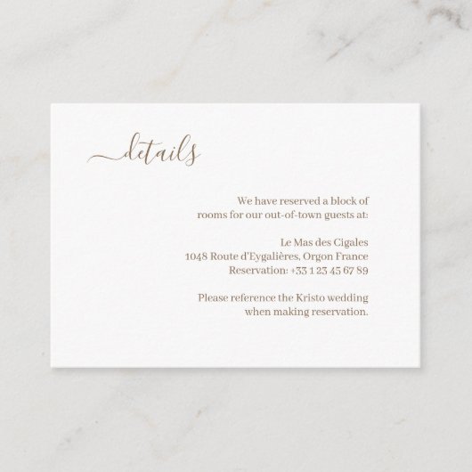 Minimalistisch wit blush goud bruiloft hotel detai informatiekaartje (Voorkant)