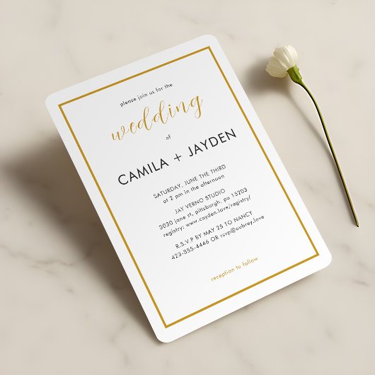 Minimalistisch wit Elegant Gold Foil Border Weddin Kaart