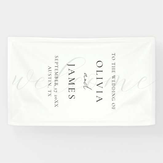 Minimalistisch Wit Elegant Script Wedding Welkom Spandoek (Horizontaal)