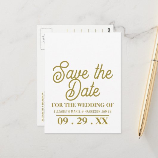 Minimalistisch, wit en goud, bruiloft sparen de Da Briefkaart (Voorkant / Achterkant in situ)