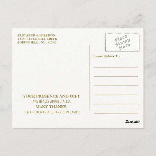 Minimalistisch - Wit en goud - Weddenschap Harteli Briefkaart (Achterkant)