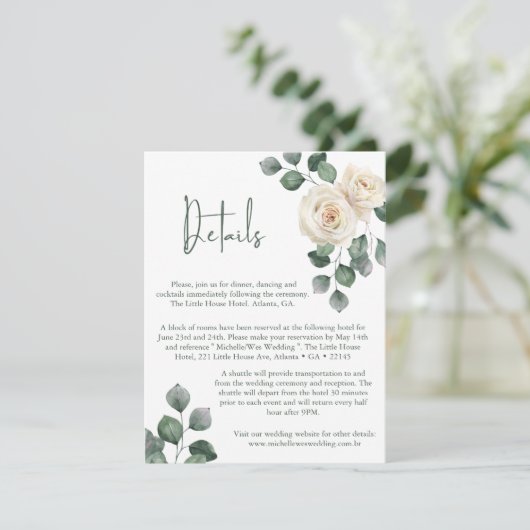 Minimalistisch wit en groen Roos bruiloft details Informatiekaartje (Staand voorkant)