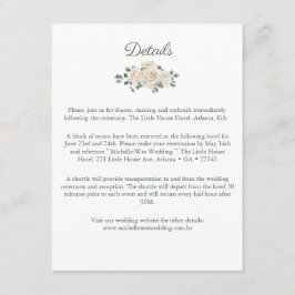 Minimalistisch wit en groen Roos bruiloft details Informatiekaartje
