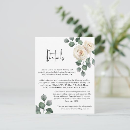 Minimalistisch wit en groen Roos bruiloft details Informatiekaartje (Staand voorkant)