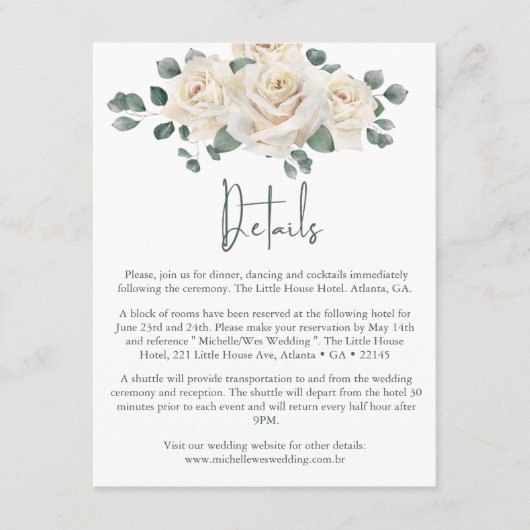 Minimalistisch wit en groen Roos bruiloft details Informatiekaartje (Voorkant)