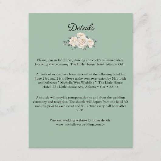 Minimalistisch wit en groen Roos bruiloft details Informatiekaartje (Voorkant)