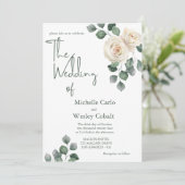 Minimalistisch wit en groen Roos terug bruiloft Kaart (Staand voorkant)
