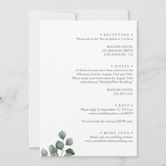 Minimalistisch wit en groen Roos terug bruiloft Kaart (Achterkant)