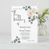 Minimalistisch wit en groen Roos terug bruiloft Kaart (Staand voorkant)