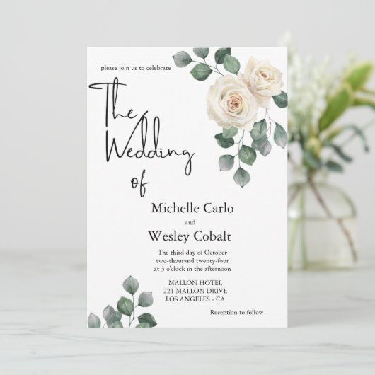 Minimalistisch wit en groen Roos terug bruiloft Kaart (Staand voorkant)