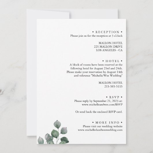 Minimalistisch wit en groen Roos terug bruiloft Kaart (Achterkant)