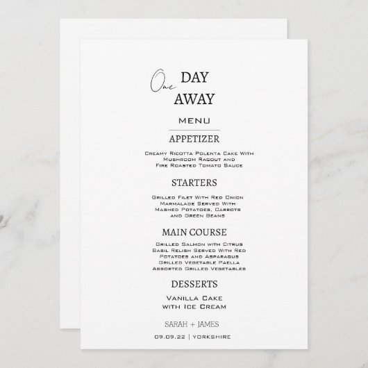 Minimalistisch wit en zwart op een dag weg bruilof menu (Voorkant / Achterkant)