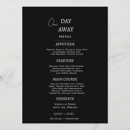 Minimalistisch wit en zwart op een dag weg bruilof menu (Voorkant)