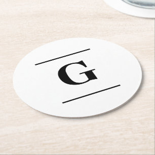 Minimalistisch wit enkelvoudig monogram ronde kartonnen onderzetter