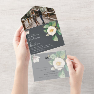 Minimalistisch wit Japans Camellia Wedding All In One Uitnodiging