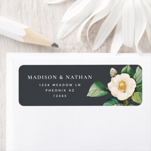 Minimalistisch wit Japans Camellia Wedding Label (Insitu)