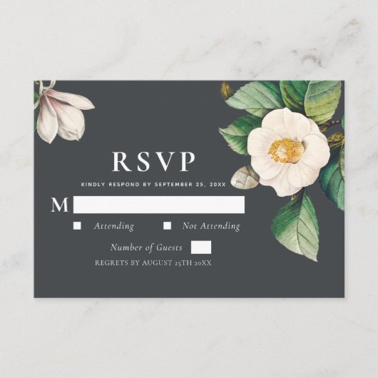Minimalistisch wit Japans Camellia Wedding RSVP Informatiekaartje (Voorkant)