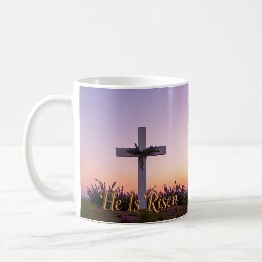Minimalistisch wit kruis versierd met lavendel koffiemok (Links)