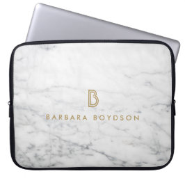 Minimalistisch wit marmer Gold monogram Laptop Sleeve