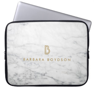 Minimalistisch wit marmer Gold monogram Laptop Sleeve