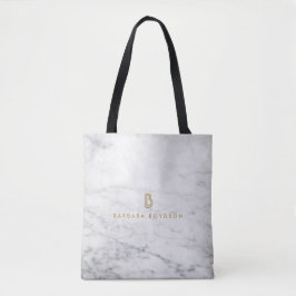 Minimalistisch wit marmer Gold monogram Tote Bag