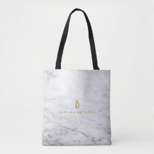 Minimalistisch wit marmer Gold monogram Tote Bag