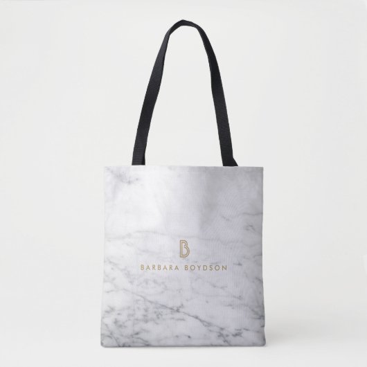 Minimalistisch wit marmer Gold monogram Tote Bag (Voorkant)