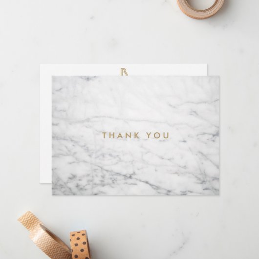 Minimalistisch wit marmer goud monogram dank u notitiekaartje (Voorkant / Achterkant in situ)