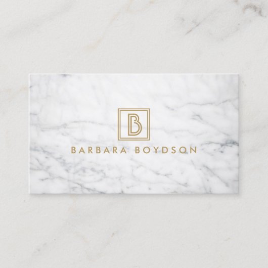 Minimalistisch wit marmeren gouden doos monogram visitekaartje (Voorkant)
