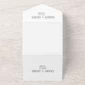 Minimalistisch wit op een dag weg bruiloft all in one uitnodiging (Buitenkant)